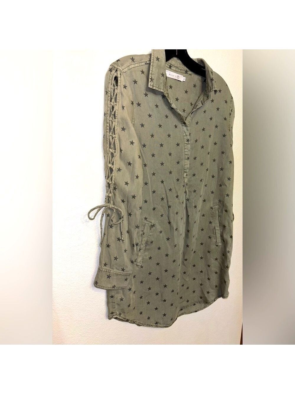 BILLY T Boho Western Dress in Army Green Star 90’s Grunge Lace up Sleeves size S